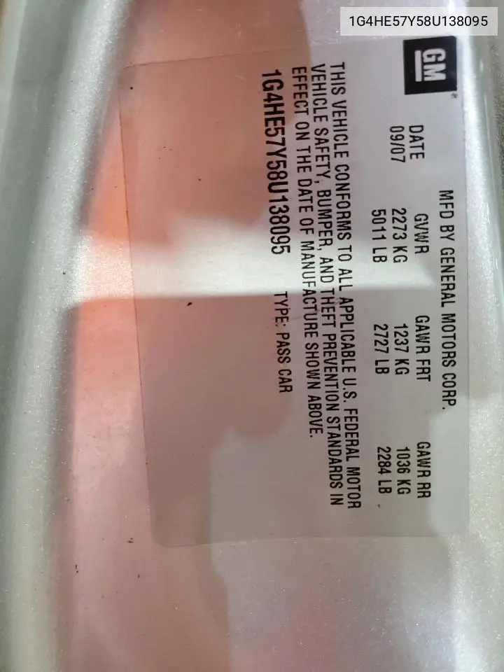 2008 Buick Lucerne Cxs VIN: 1G4HE57Y58U138095 Lot: 62607625