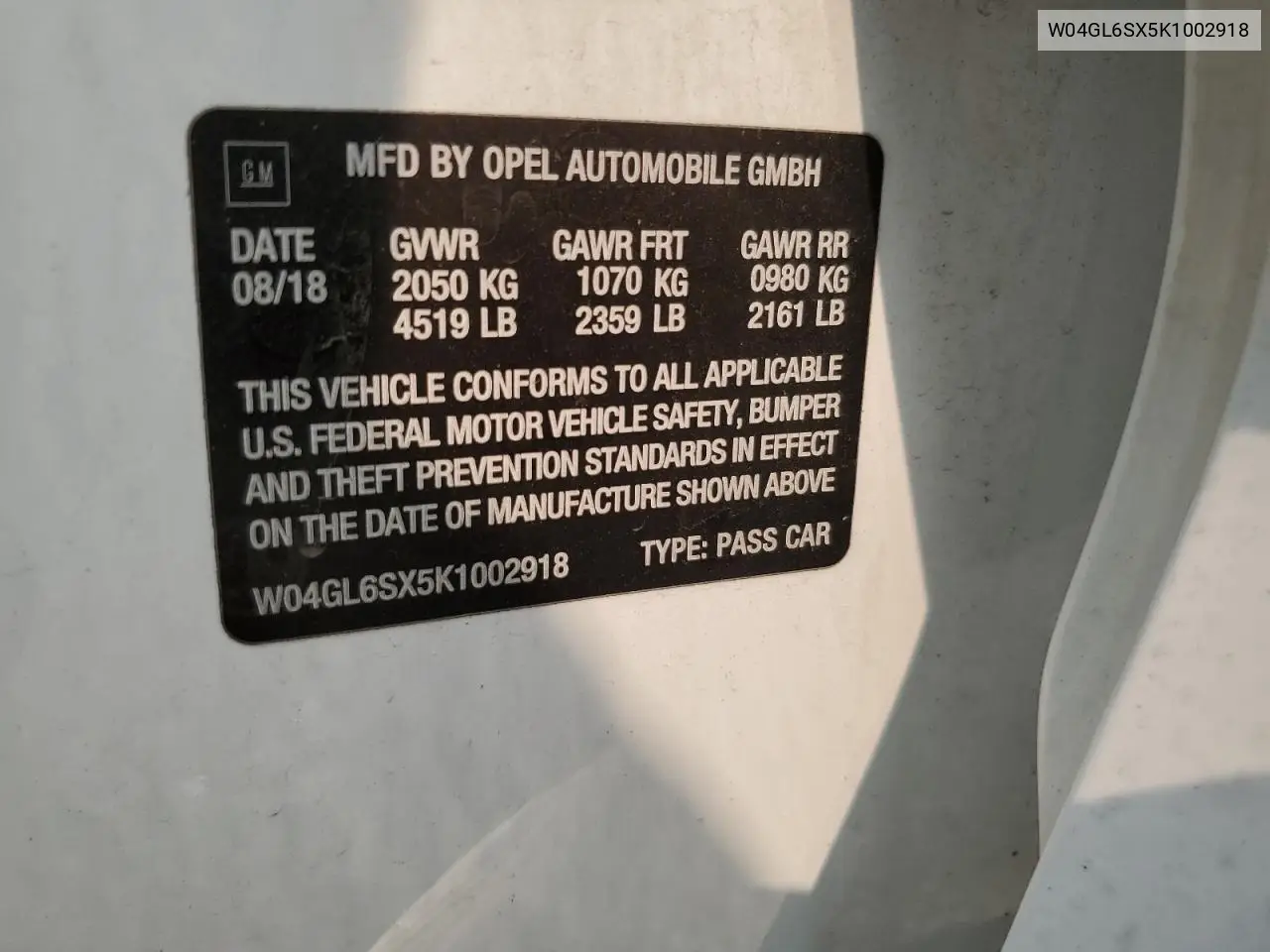 2019 Buick Regal Preferred VIN: W04GL6SX5K1002918 Lot: 59368195