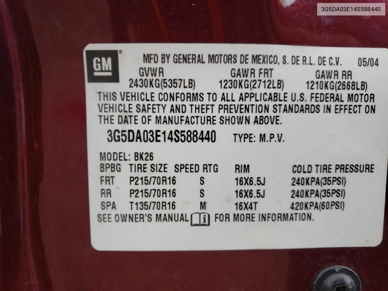 2004 Buick Rendezvous Cx VIN: 3G5DA03E14S588440 Lot: 53384085