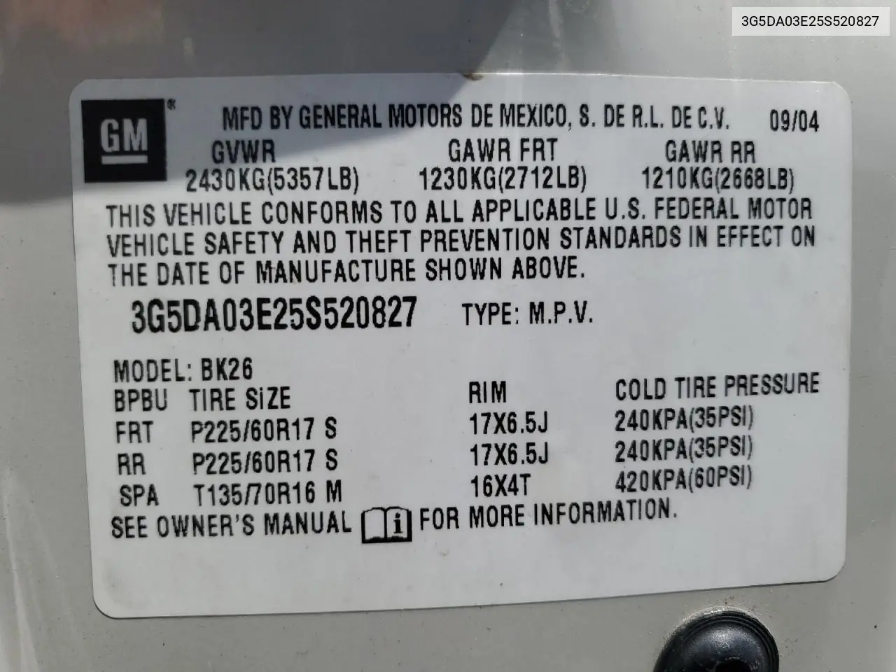 2005 Buick Rendezvous Cx VIN: 3G5DA03E25S520827 Lot: 56672205