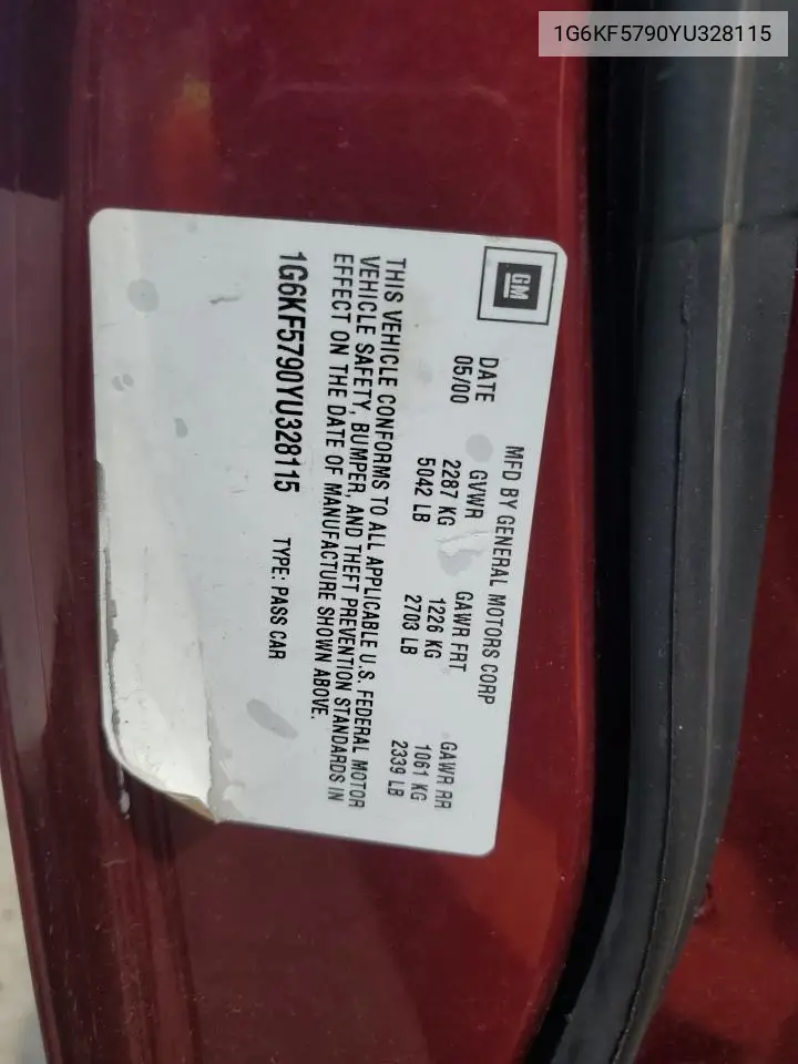 2000 Cadillac Deville Dts VIN: 1G6KF5790YU328115 Lot: 62000185