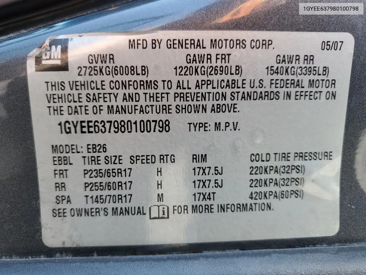 2008 Cadillac Srx VIN: 1GYEE637980100798 Lot: 59759505