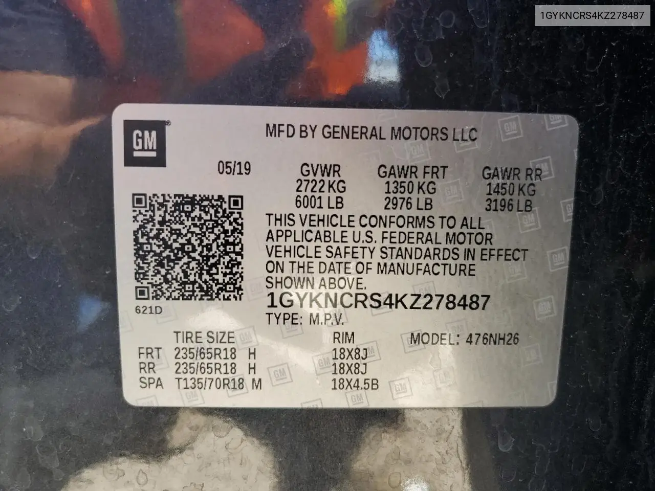 2019 Cadillac Xt5 Luxury VIN: 1GYKNCRS4KZ278487 Lot: 61974095