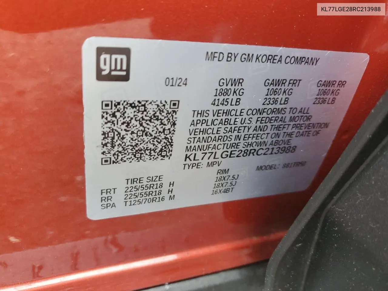 2024 Chevrolet Trax 1Rs VIN: KL77LGE28RC213988 Lot: 55913585