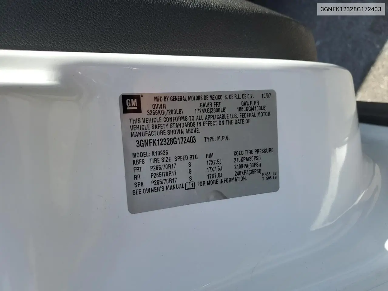 2008 Chevrolet Avalanche K1500 VIN: 3GNFK12328G172403 Lot: 61928195