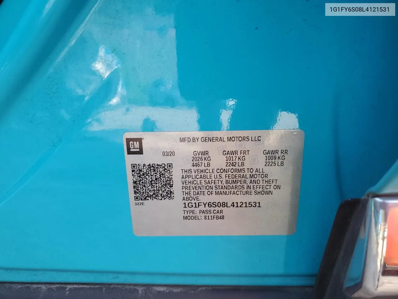 1g1fy6s08l4121531 1G1FY6S08L4121531 2020 Chevrolet Bolt Ev Lt