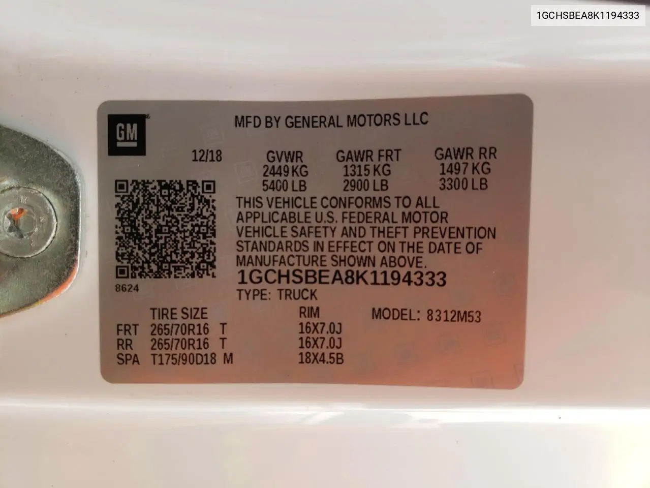 2019 Chevrolet Colorado VIN: 1GCHSBEA8K1194333 Lot: 53670145