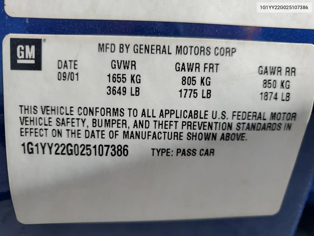 2002 Chevrolet Corvette VIN: 1G1YY22G025107386 Lot: 49620905