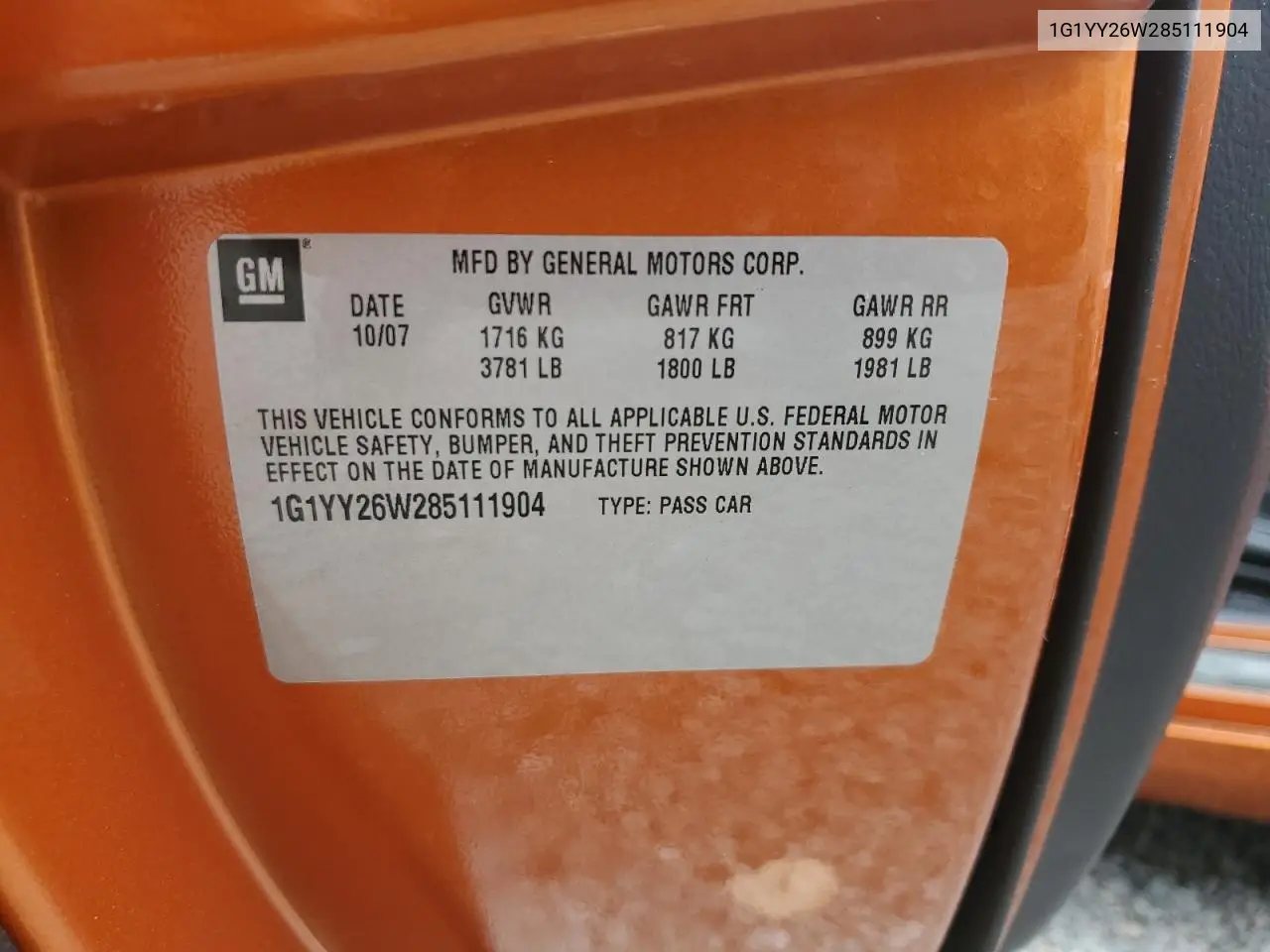 2008 Chevrolet Corvette VIN: 1G1YY26W285111904 Lot: 56040645