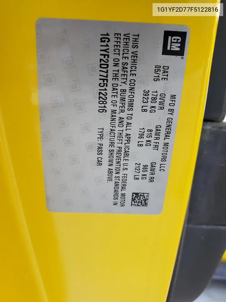 2015 Chevrolet Corvette Stingray 3Lt VIN: 1G1YF2D77F5122816 Lot: 53448665