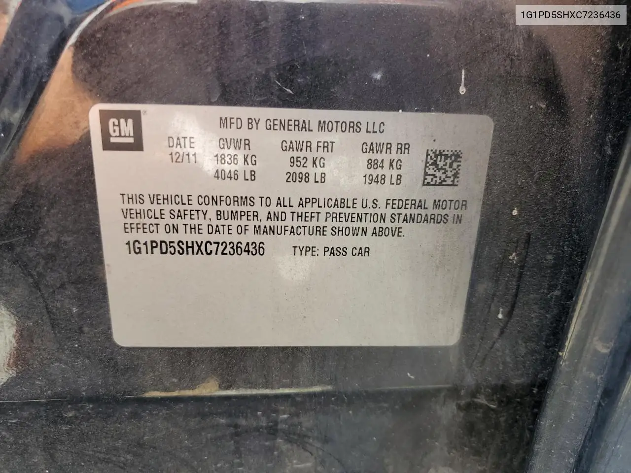 2012 Chevrolet Cruze Ls VIN: 1G1PD5SHXC7236436 Lot: 63350075