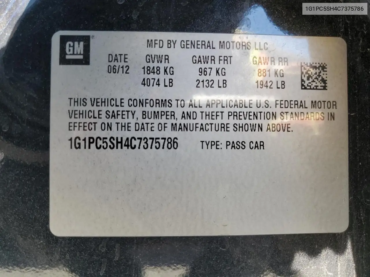 2012 Chevrolet Cruze Ls VIN: 1G1PC5SH4C7375786 Lot: 66218865