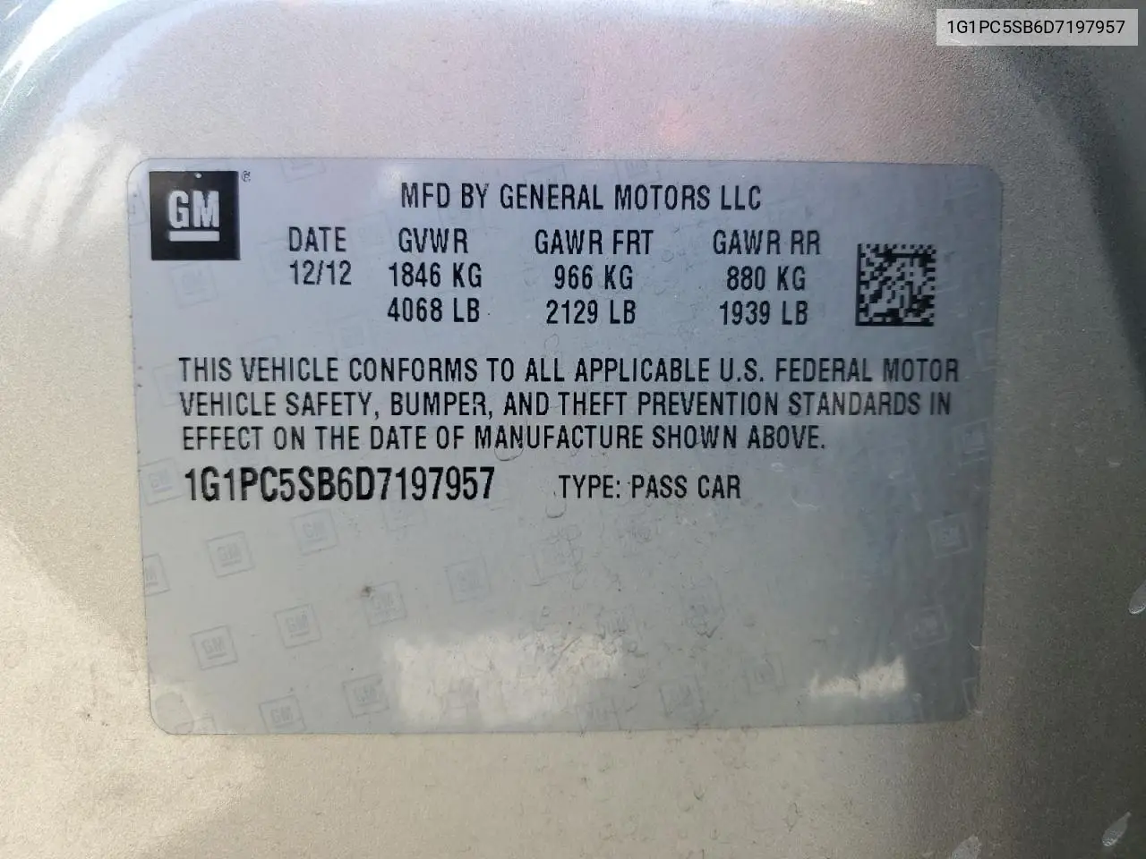 2013 Chevrolet Cruze Lt VIN: 1G1PC5SB6D7197957 Lot: 62803505