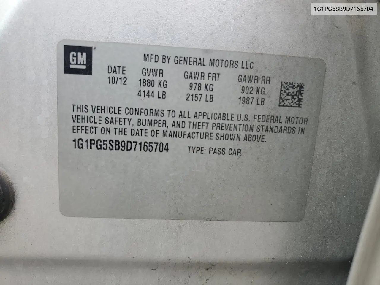 2013 Chevrolet Cruze Ltz VIN: 1G1PG5SB9D7165704 Lot: 65932595