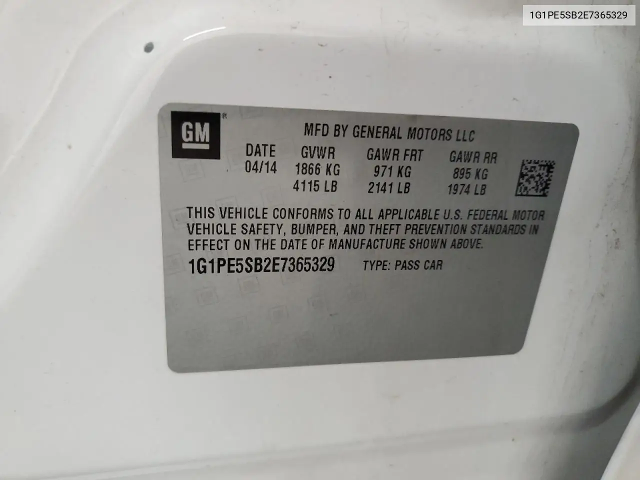 2014 Chevrolet Cruze Lt VIN: 1G1PE5SB2E7365329 Lot: 62888455