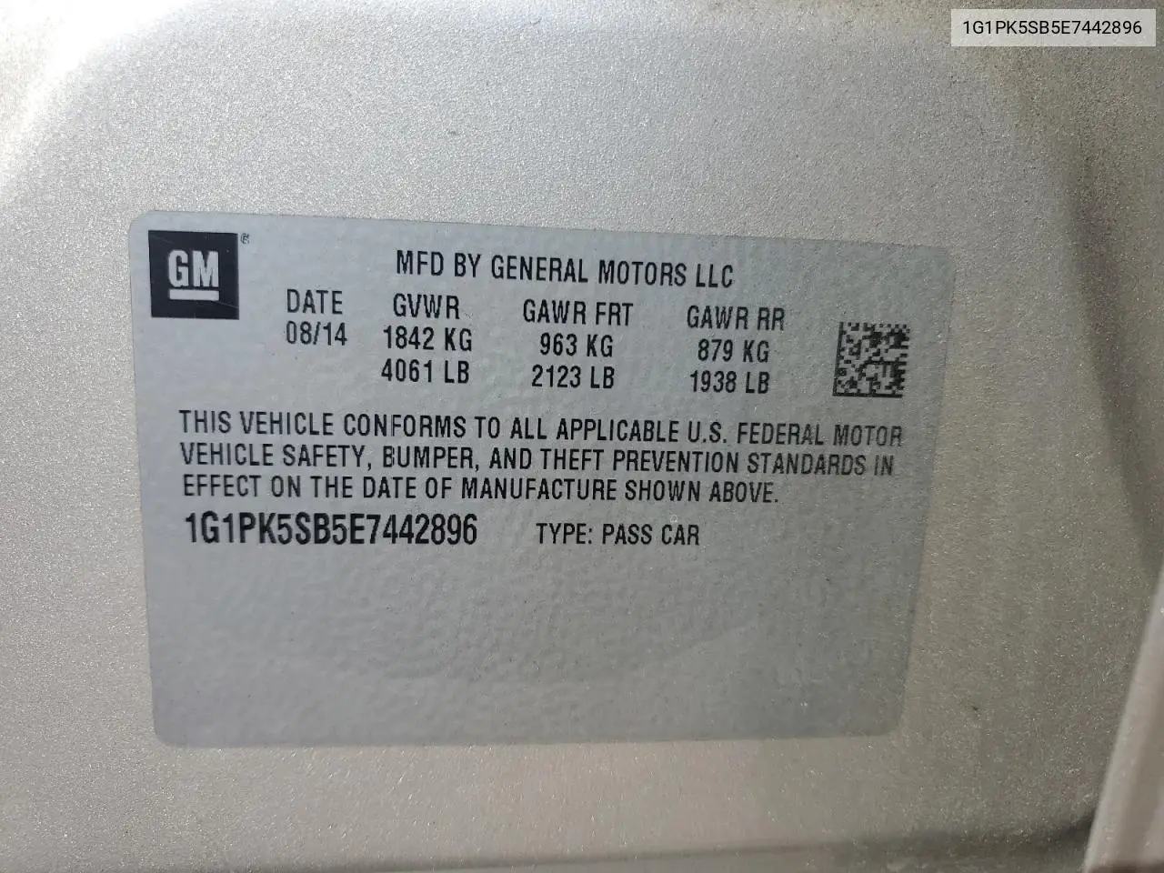 2014 Chevrolet Cruze Lt VIN: 1G1PK5SB5E7442896 Lot: 62989255