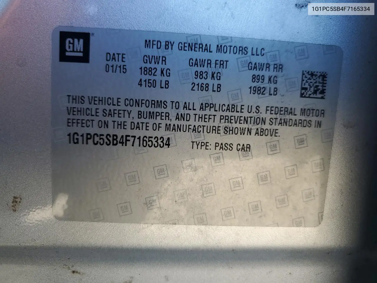 2015 Chevrolet Cruze Lt VIN: 1G1PC5SB4F7165334 Lot: 62869965