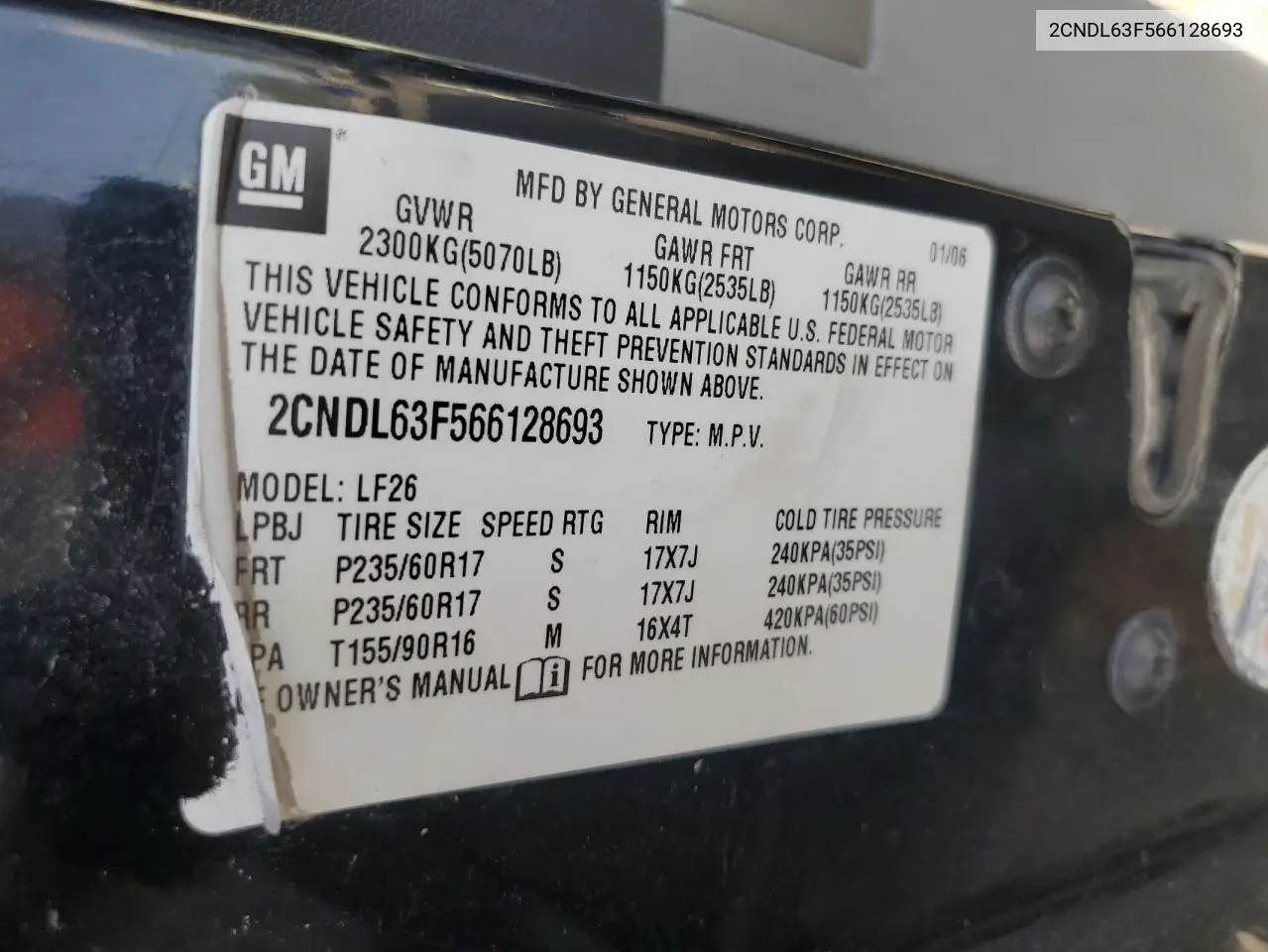 2006 Chevrolet Equinox Lt VIN: 2CNDL63F566128693 Lot: 62234335