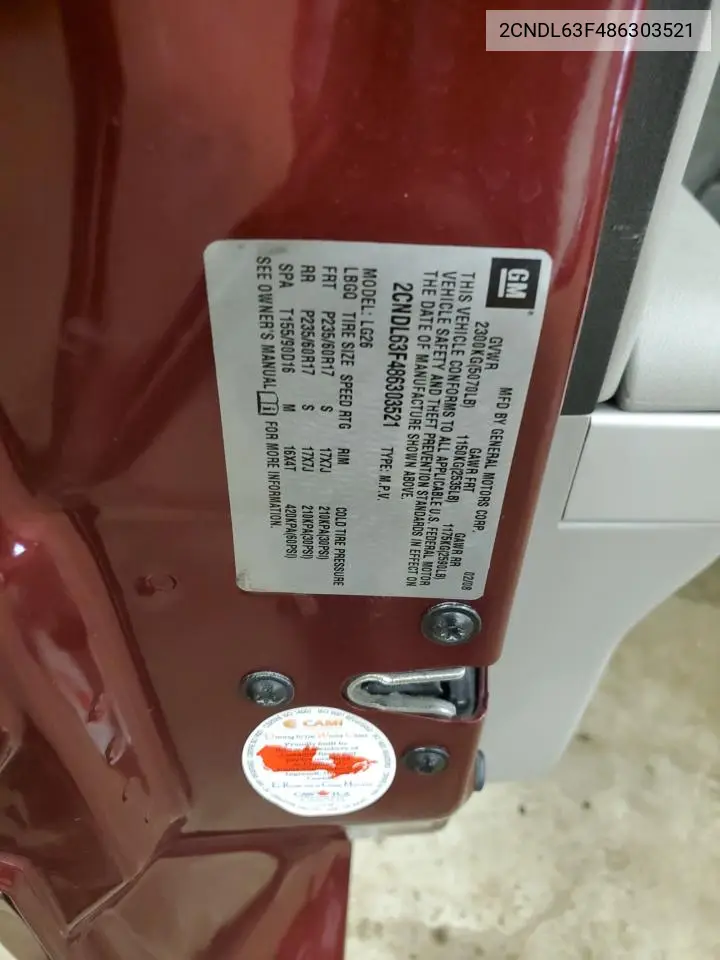 2008 Chevrolet Equinox Lt VIN: 2CNDL63F486303521 Lot: 56141515