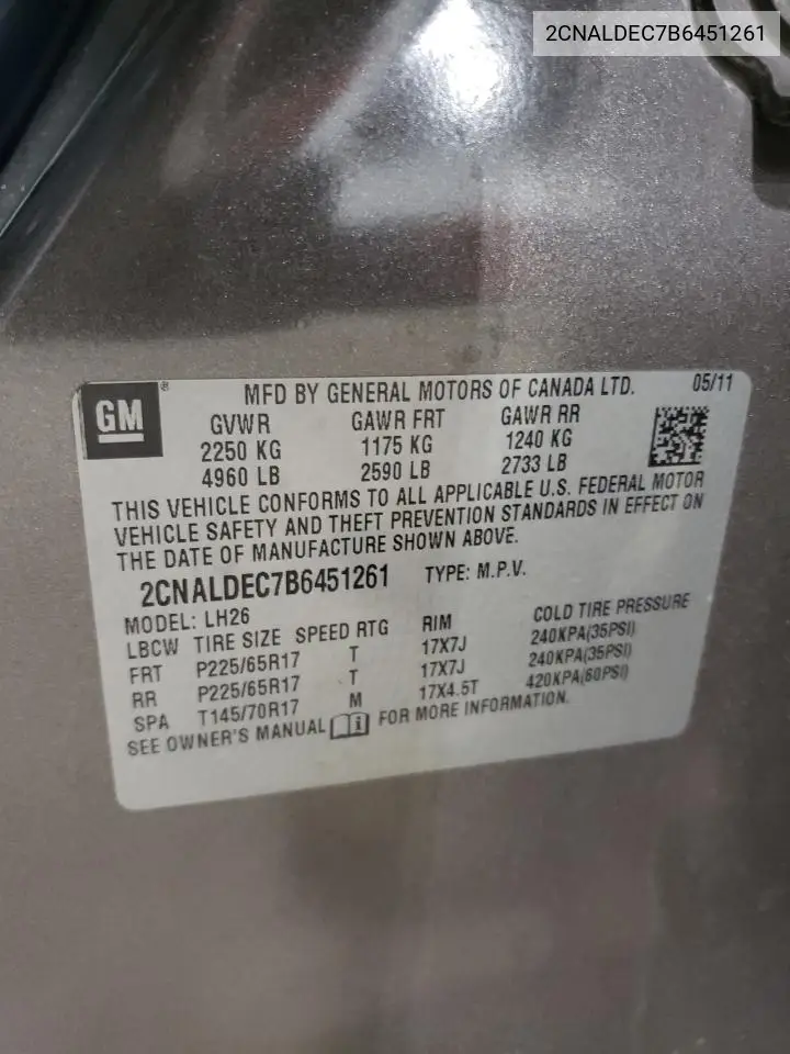2011 Chevrolet Equinox Lt VIN: 2CNALDEC7B6451261 Lot: 56758735
