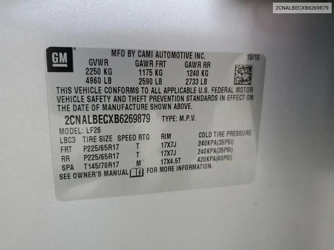 2011 Chevrolet Equinox Ls VIN: 2CNALBECXB6269879 Lot: 62662185