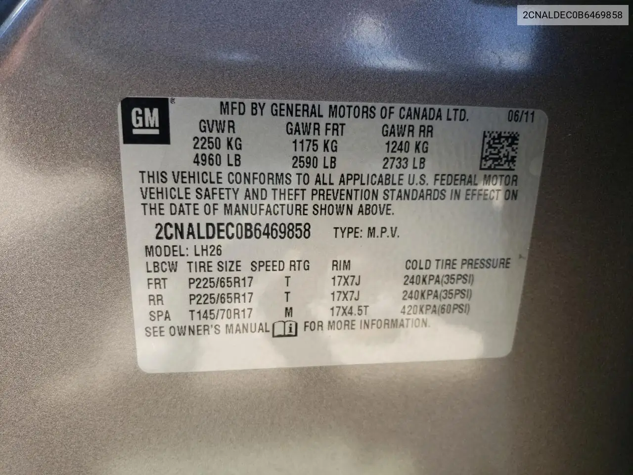 2011 Chevrolet Equinox Lt VIN: 2CNALDEC0B6469858 Lot: 62827985