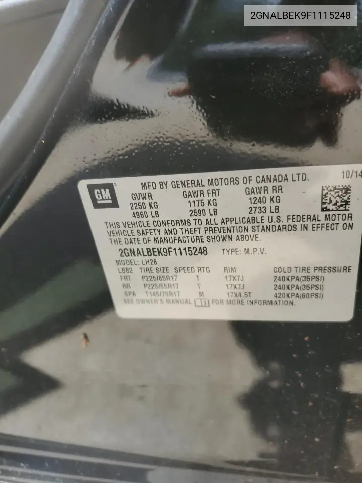 2015 Chevrolet Equinox Lt VIN: 2GNALBEK9F1115248 Lot: 61130735