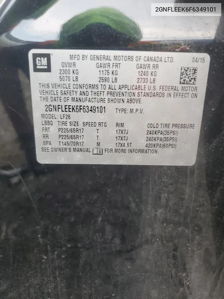2015 Chevrolet Equinox Ls VIN: 2GNFLEEK6F6349101 Lot: 62645385