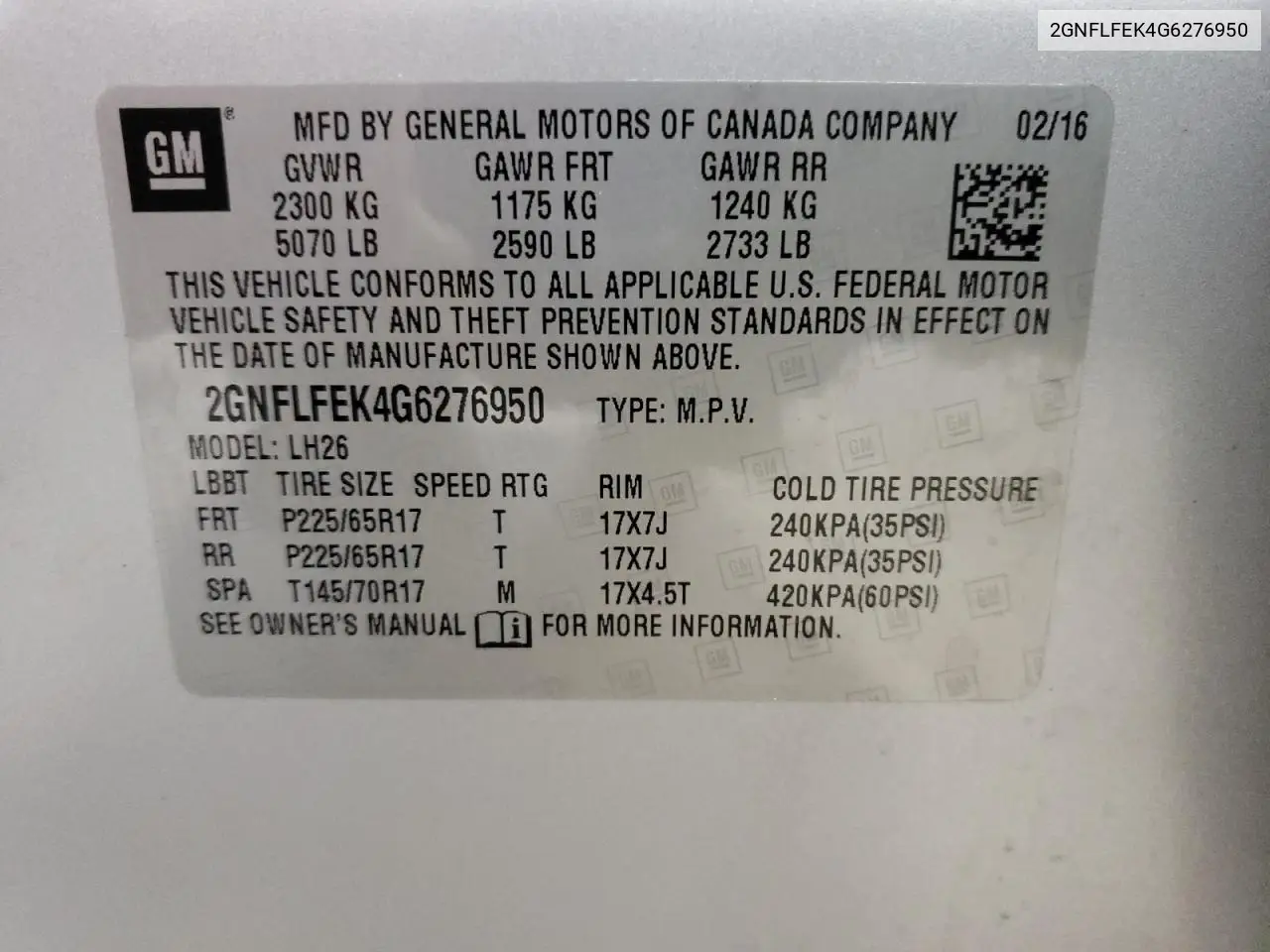 2016 Chevrolet Equinox Lt VIN: 2GNFLFEK4G6276950 Lot: 63149935