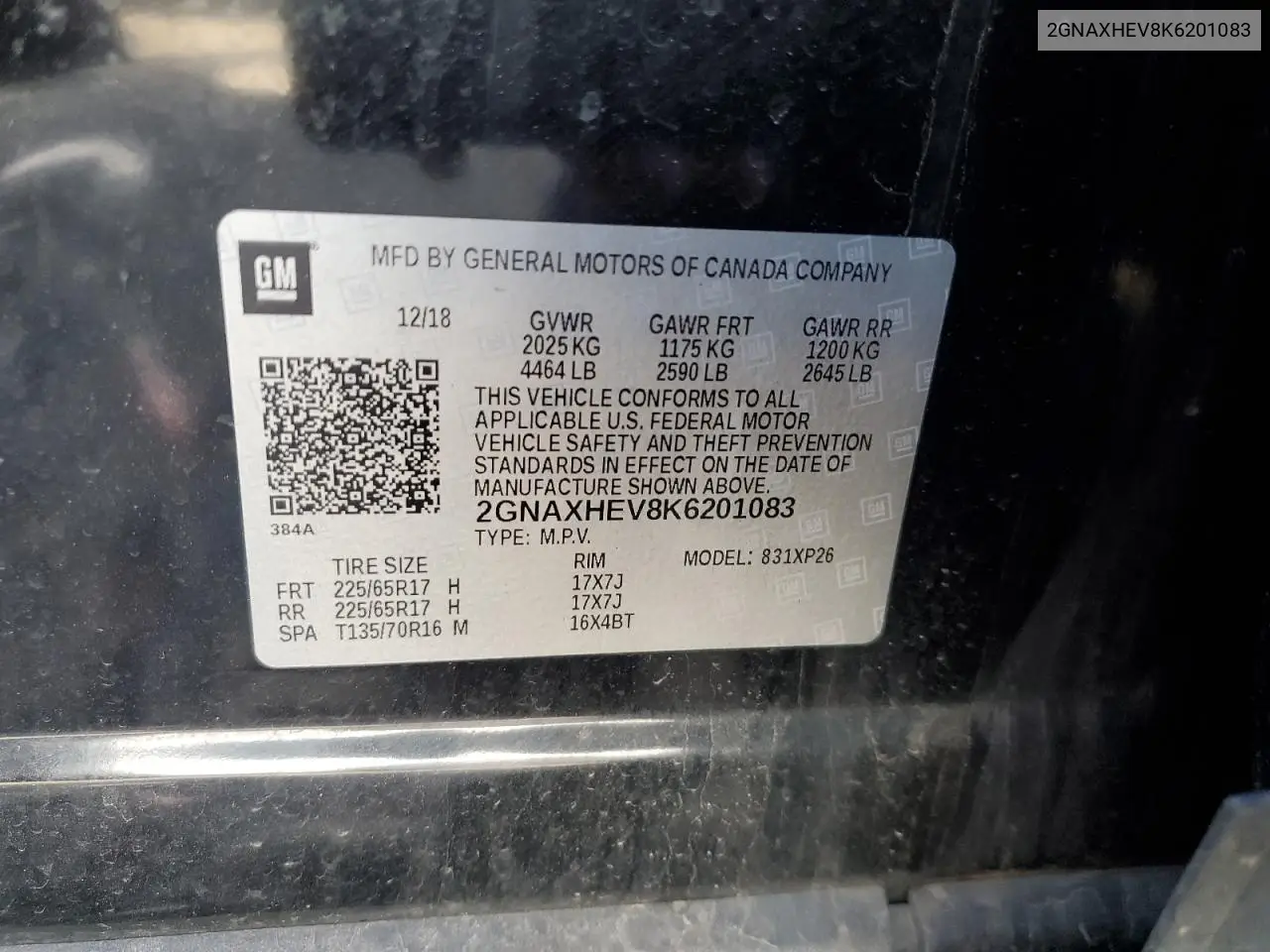 2019 Chevrolet Equinox Ls VIN: 2GNAXHEV8K6201083 Lot: 58038855