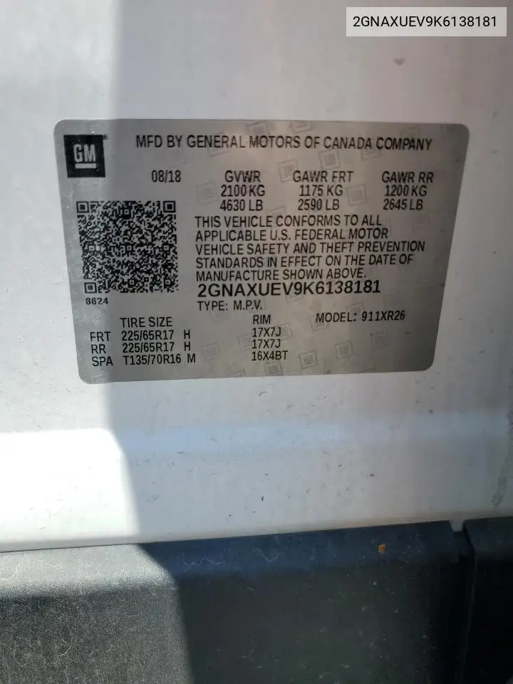 2019 Chevrolet Equinox Lt VIN: 2GNAXUEV9K6138181 Lot: 59554595