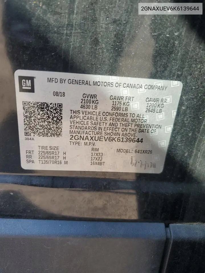 2019 Chevrolet Equinox Lt VIN: 2GNAXUEV6K6139644 Lot: 62499545