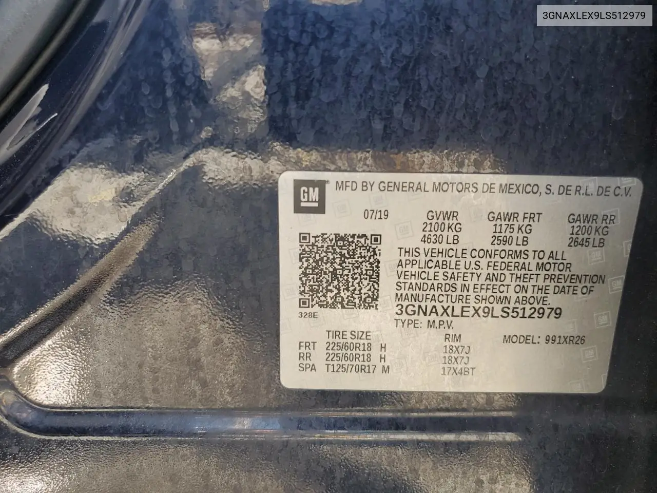 2020 Chevrolet Equinox Lt VIN: 3GNAXLEX9LS512979 Lot: 56834015