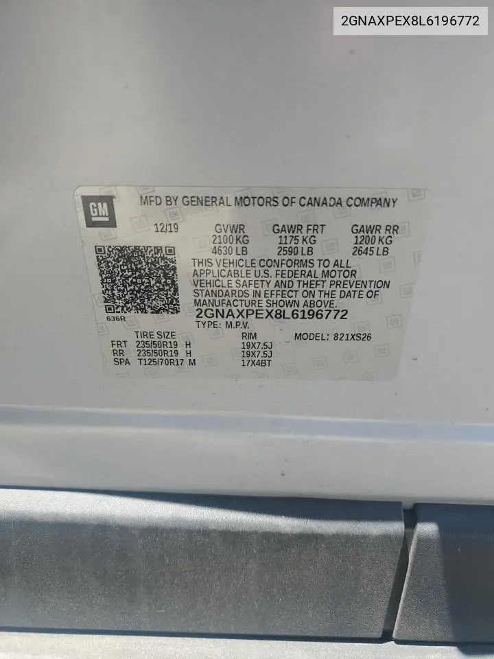 2020 Chevrolet Equinox Premier VIN: 2GNAXPEX8L6196772 Lot: 56946385