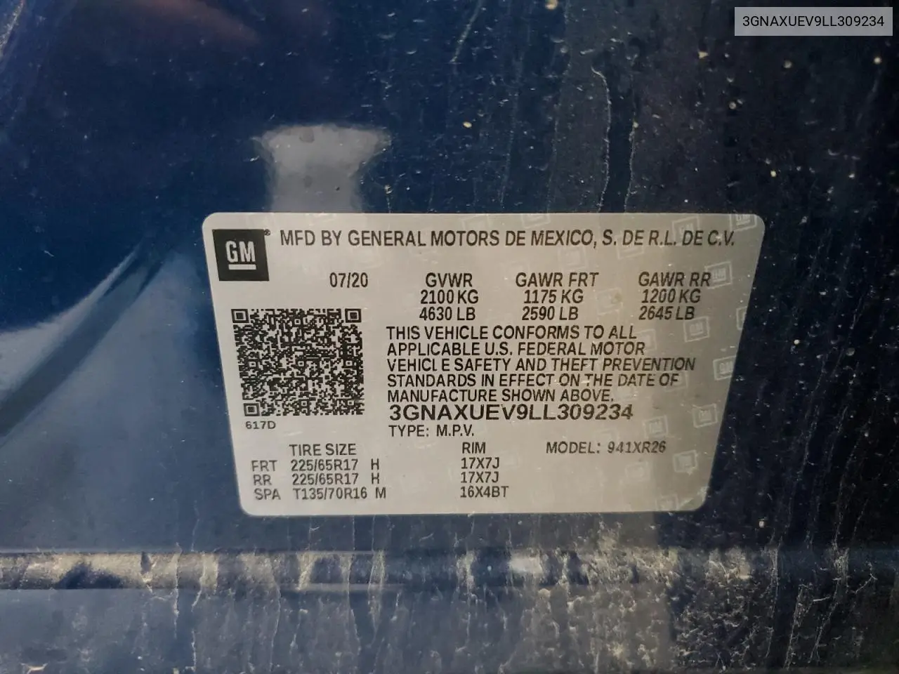 2020 Chevrolet Equinox Lt VIN: 3GNAXUEV9LL309234 Lot: 62877735