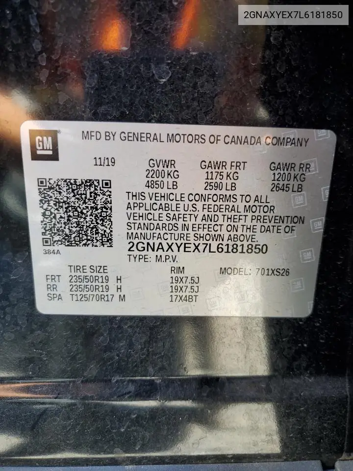 2020 Chevrolet Equinox Premier VIN: 2GNAXYEX7L6181850 Lot: 62881175