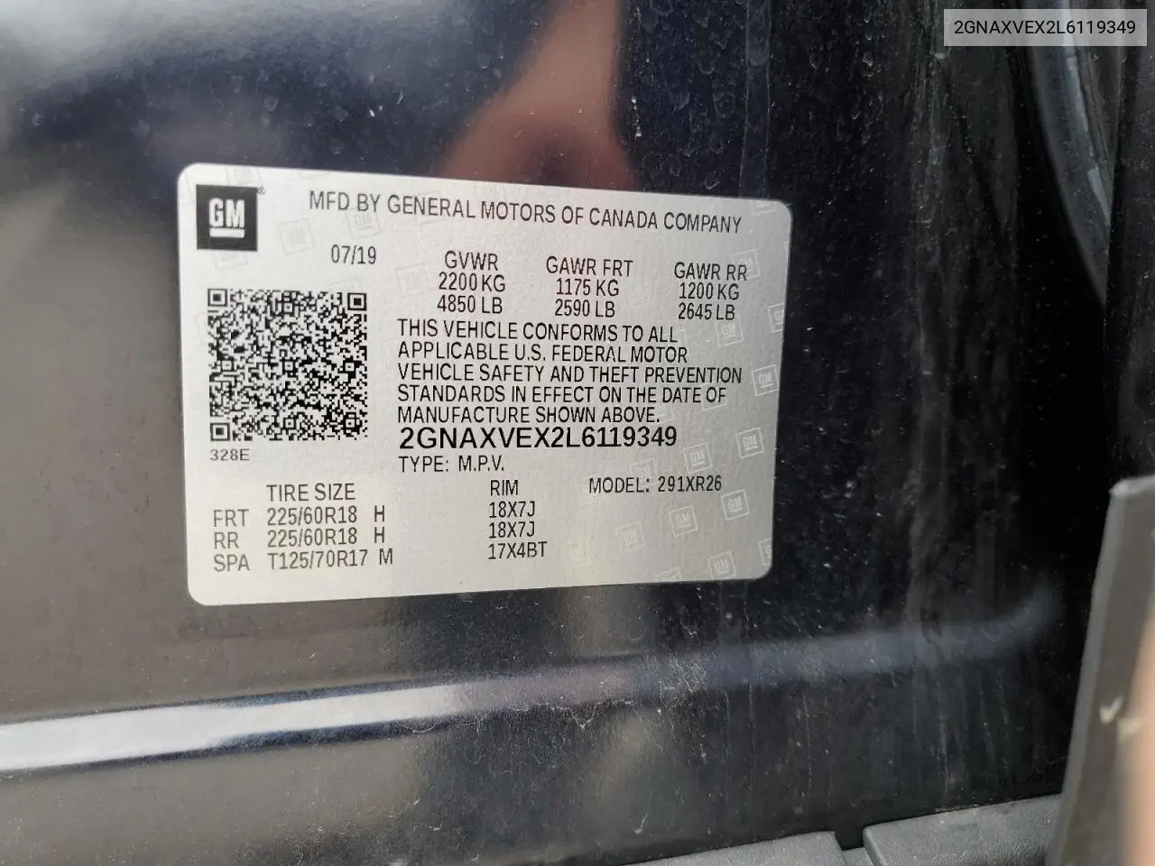 2020 Chevrolet Equinox Lt VIN: 2GNAXVEX2L6119349 Lot: 63060535
