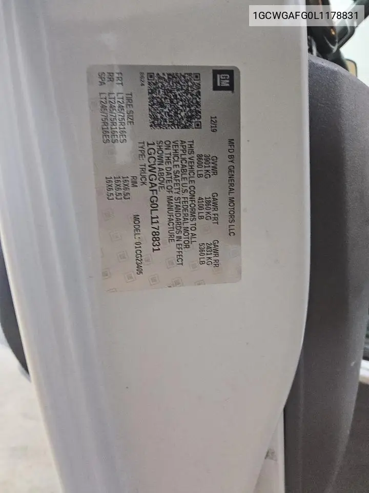 2020 Chevrolet Express G2500 VIN: 1GCWGAFG0L1178831 Lot: 62545515