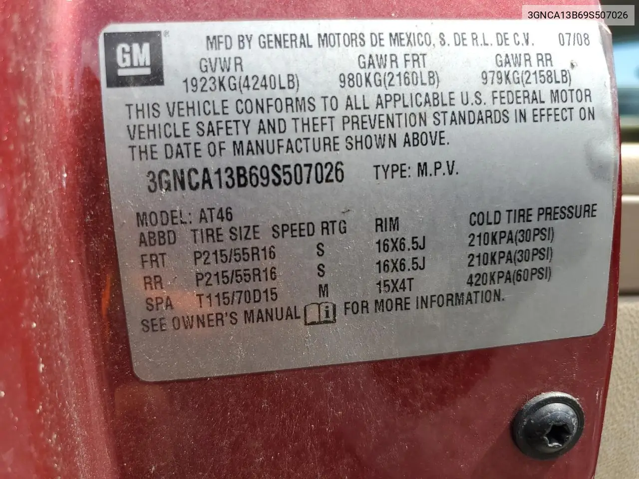 2009 Chevrolet Hhr Ls VIN: 3GNCA13B69S507026 Lot: 62758245