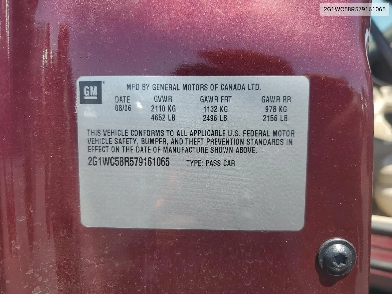 2007 Chevrolet Impala Lt VIN: 2G1WC58R579161065 Lot: 62113595