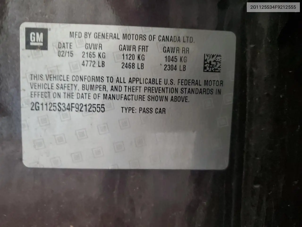 2015 Chevrolet Impala Lt VIN: 2G1125S34F9212555 Lot: 62288985