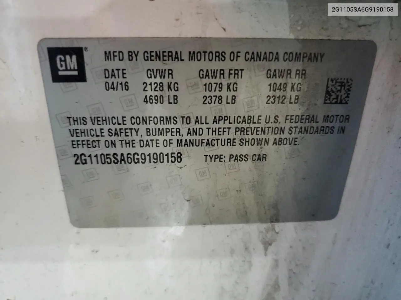 2016 Chevrolet Impala Lt VIN: 2G1105SA6G9190158 Lot: 63114945