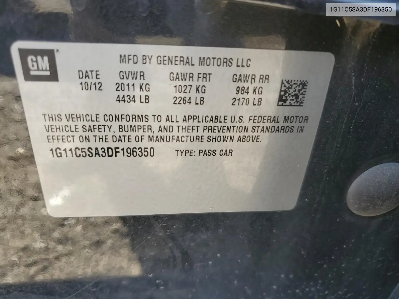 2013 Chevrolet Malibu 1Lt VIN: 1G11C5SA3DF196350 Lot: 56850705