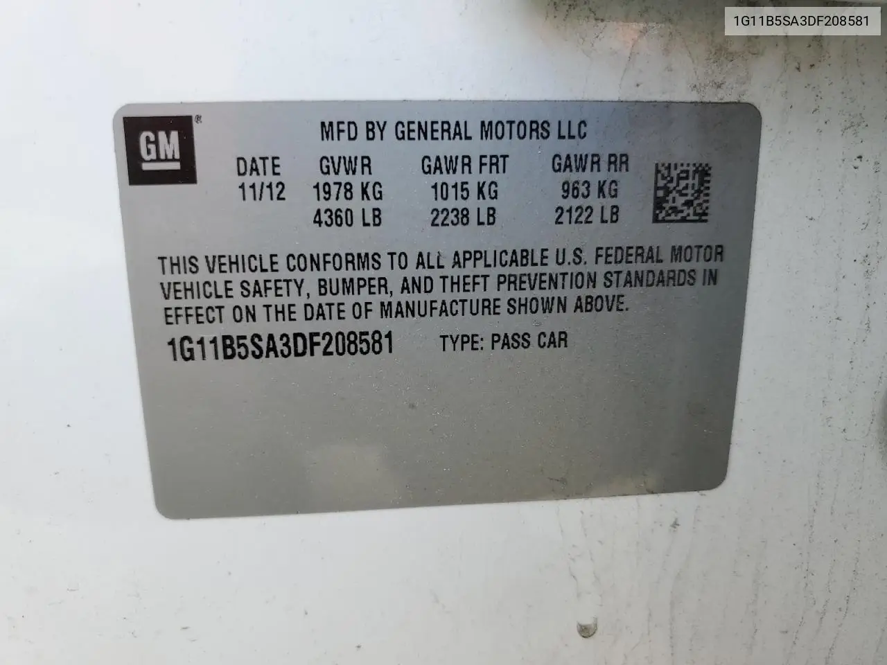 2013 Chevrolet Malibu Ls VIN: 1G11B5SA3DF208581 Lot: 61962435