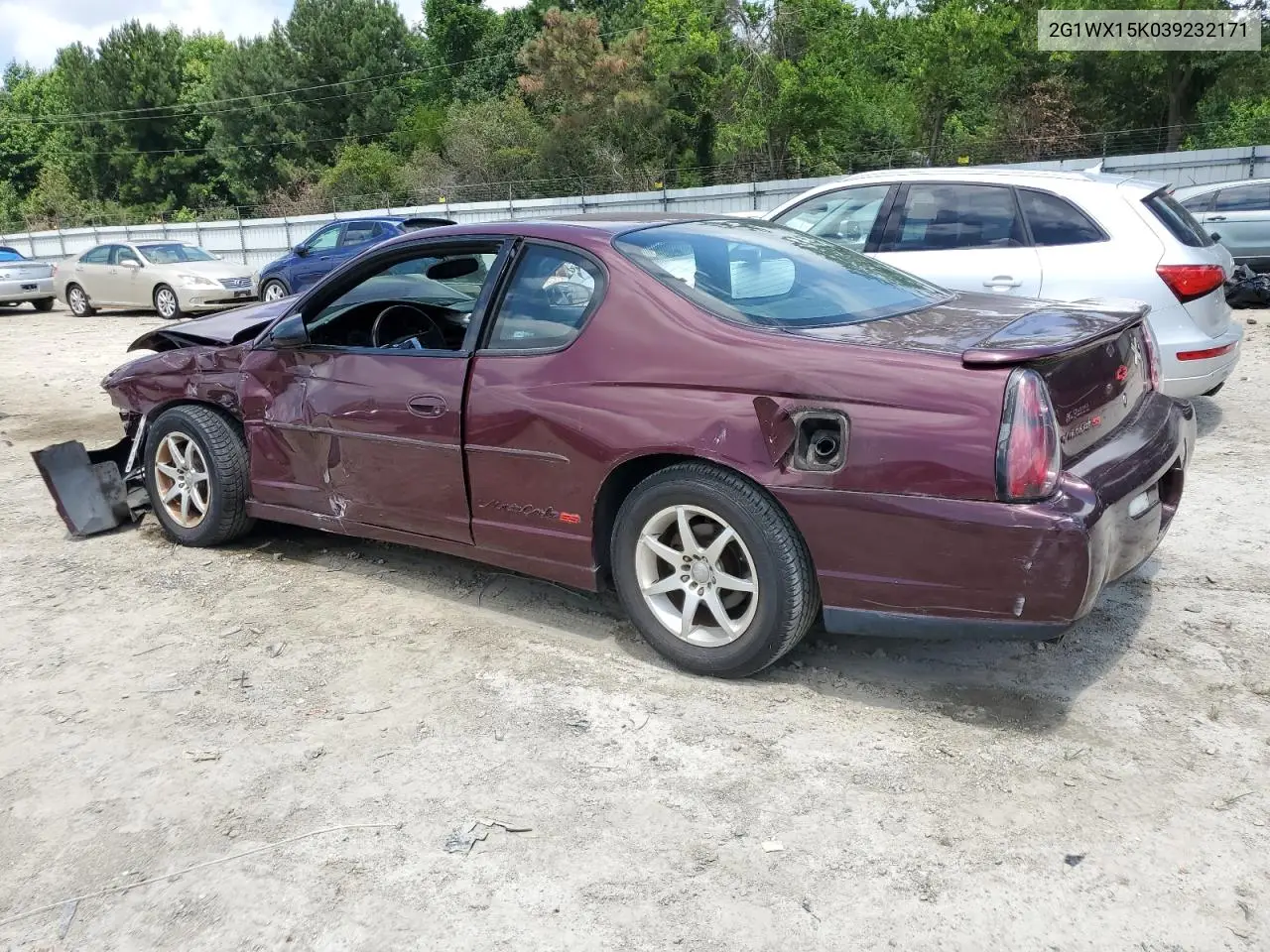 2003 Chevrolet Monte Carlo Ss VIN: 2G1WX15K039232171 Lot: 61044365