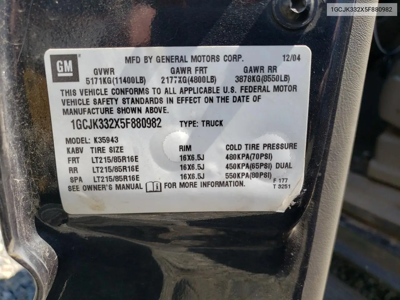2005 Chevrolet Silverado K3500 VIN: 1GCJK332X5F880982 Lot: 59714645