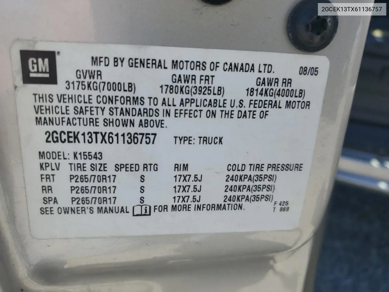 2006 Chevrolet Silverado K1500 VIN: 2GCEK13TX61136757 Lot: 62508595