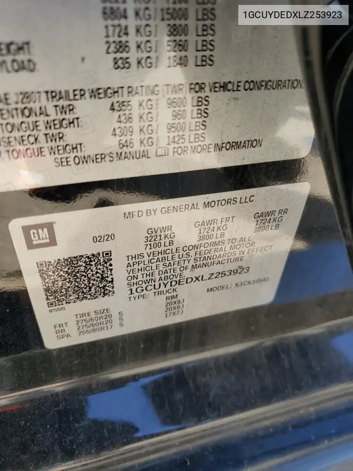 2020 Chevrolet Silverado K1500 Lt VIN: 1GCUYDEDXLZ253923 Lot: 82211904