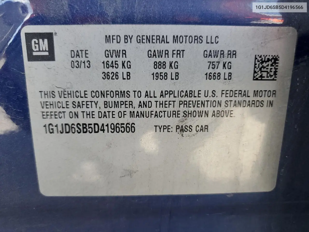 2013 Chevrolet Sonic Lt VIN: 1G1JD6SB5D4196566 Lot: 56134285