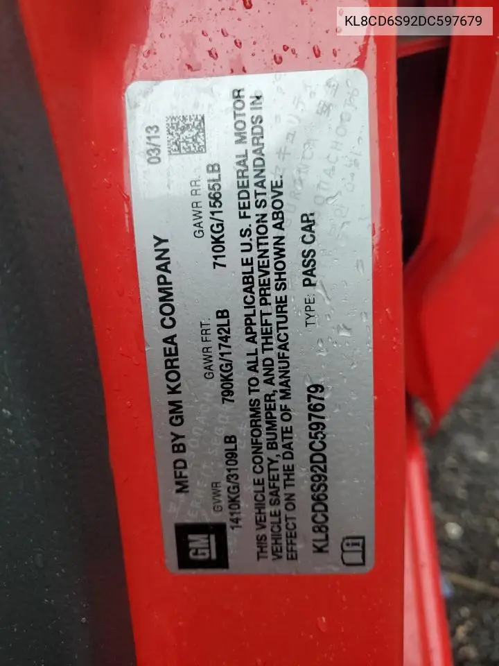 2013 Chevrolet Spark 1Lt VIN: KL8CD6S92DC597679 Lot: 56959005